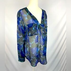 Massimo blue and black floral print long sleeved sheer blouse women’s size M
